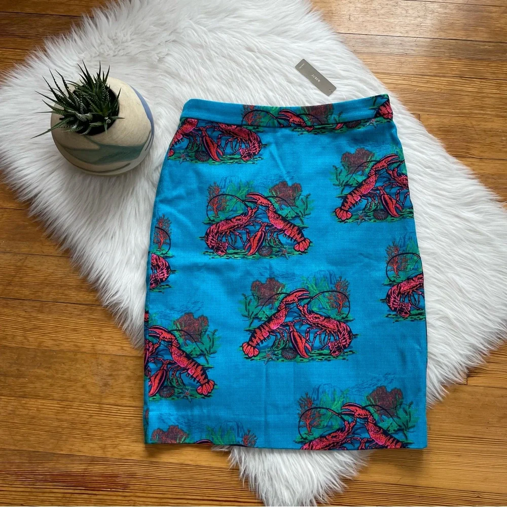 J. Crew Turquoise Blue Pencil Skirt with Coral Lobster Print